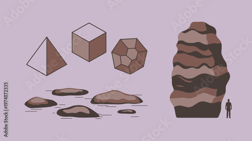 Geometric pyramid, cube, complex polyhedron, flat stones, large rock formation, and a small person