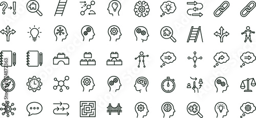 Cognitive reasoning workflow outline icon set featuring thinking process analytics decision mapping logic interface symbols for productivity dashboards platforms