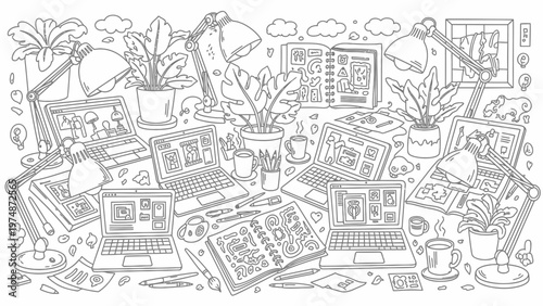 Cluttered Desk with Office Supplies.