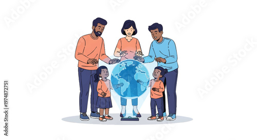 Diverse family holding hands around the Earth