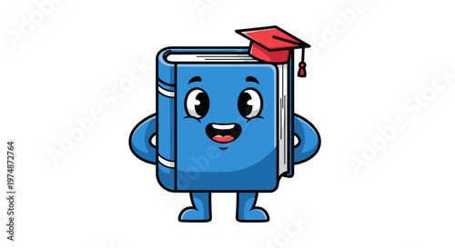 Blue Cartoon Book Character Wearing Graduation Cap.