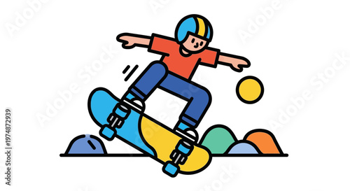 Young skateboarder performing jump wearing helmet.
