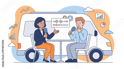 Two people interviewing outdoors with microphone and van graphic illustration