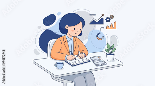 Businesswoman working at desk with digital tablet and notebook vector illustration