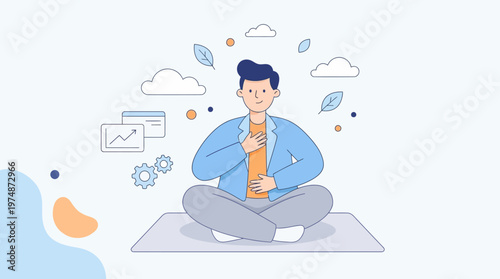 Meditating man in flat illustration with clouds and leaves for mindfulness concept