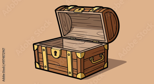 Open brown wooden treasure chest.