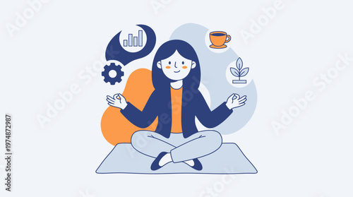 Woman meditating with business and nature symbols vector illustration concept