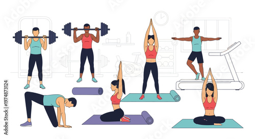 People Exercising in Various Yoga and Fitness Poses.