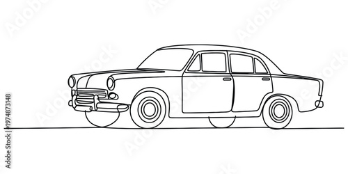 A detailed continuous line drawing of a classic vintage sedan car captured from a side profile view