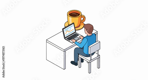 Isometric Illustration of a Businessman Working on Laptop with a Giant Coffee Cup