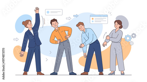 Four office workers taking a break to stretch and exercise, promoting health and wellness in the workplace.