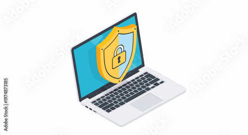 Cybersecurity and Data Protection Concept, Isometric Laptop with Security Shield and Padlock Icon for Online Privacy and Internet Safety Illustration