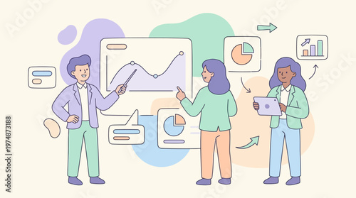 Photos Three cartoon people analyzing business data and charts in a collaborative work environment with various graphs and visualizations