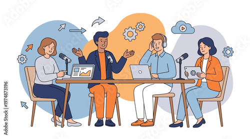 Four diverse people recording a podcast or panel discussion with microphones and laptops, surrounded by tech and communication icons.