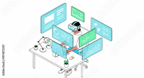 Isometric Illustration of a Professional Using VR Headset for Advanced Data Analysis and Digital Dashboard Visualization in a Futuristic Workspace Environment