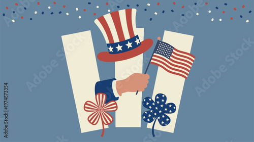 Hand holds an American flag and Uncle Sam hat surrounded by clover shapes and confetti