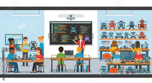 Teacher and students in classroom.