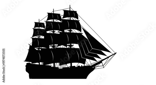 Black Silhouette of Sailing Ship.