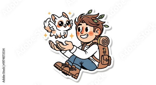 boy with backpack and cat on hand cartoon illustration