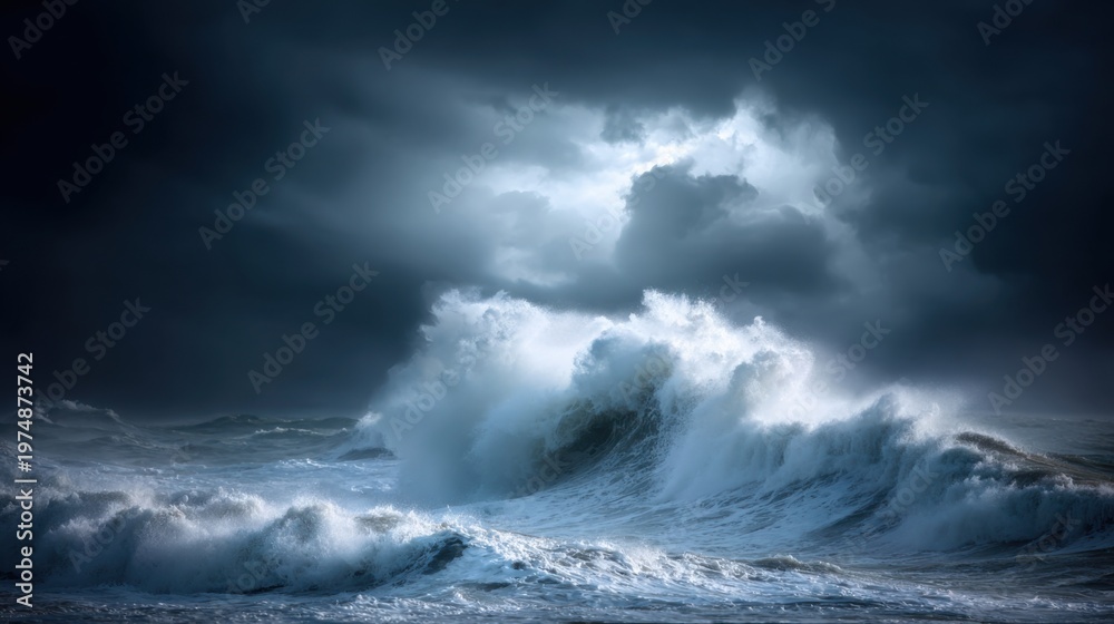 Fototapeta premium Dramatic Ocean Waves Under Dark Stormy Clouds with Illuminated Skies in a Powerful Display of Nature's Fury