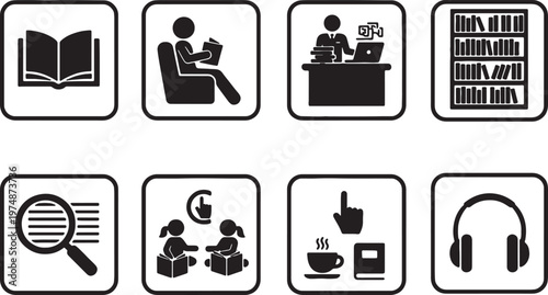 black and white icons of office and study concepts
