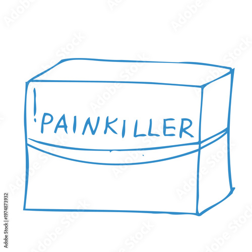 Blue Doodle style painkiller medicine icon. Hand drawn linear vector illustration of pharmaceutical box for analgesic drugs isolated on white.