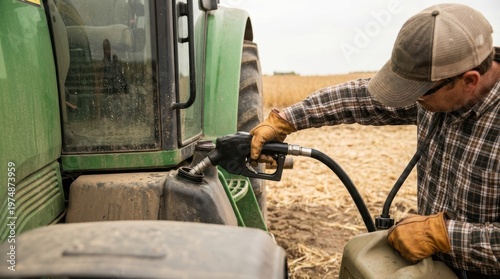 A farmer wearing a plaid shirt and cap refuels a large green tractor with a fuel nozzle in a dry field