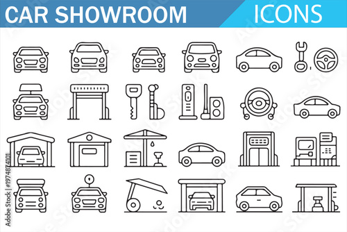 Car showroom icons set minimal line vector collection with automotive and dealership symbols