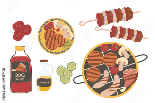 Outdoor barbecue elements collection: grill, steak, meat, cucumber and tomato, kebab. Cartoon retro style BBQ food set isolated.