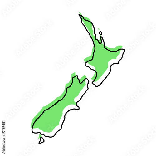New Zealand map from black contour curves lines with a green shifted silhouette on white background