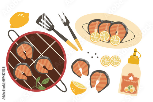 Outdoor barbecue fish on grill set: grill, fish, lemon, tartar sauce and kitchen BBQ tools. Cartoon BBQ collection for cooking on open fire, perfect for stickers and picnic visuals.