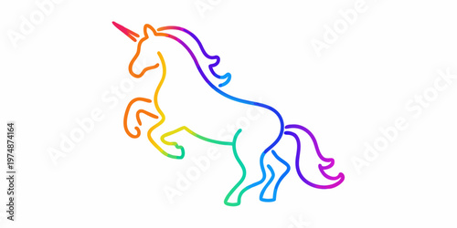A vibrant rainbow outline of a majestic unicorn rearing on hind legs