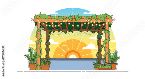 Vibrant pergola with lush greenery at sunset
