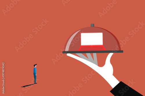 Laptop computer being served on platter to a businessman, symbol of g instant digital solutions, premium IT services, and the ease of remote work technology