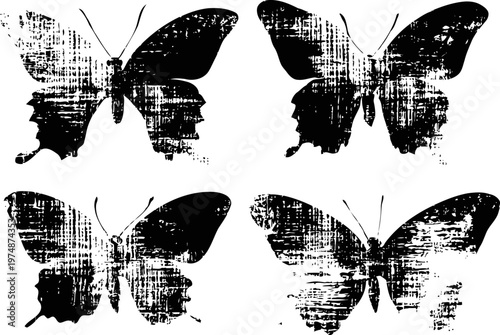 Grunge butterfly silhouettes set with distressed texture for vintage design elements