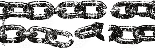 Rusty broken chain links with damaged and cracked metal segments close up, isolated on white