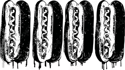 hot dogs with mustard sauce, vintage black and white food illustration set