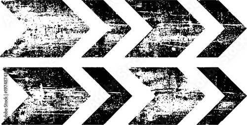 set of six distressed black arrows pointing right with grunge texture on white background