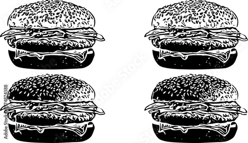 Four hand drawn hamburgers with sesame seed buns and layered fillings in black and white sketch