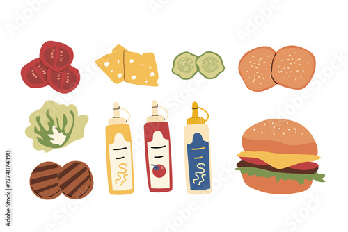 Burger vector elements set. Ingredients for hamburger - salad, tomato, grilled meat, sauce and cucumber. Cartoon flat vector illustration isolated on white.
