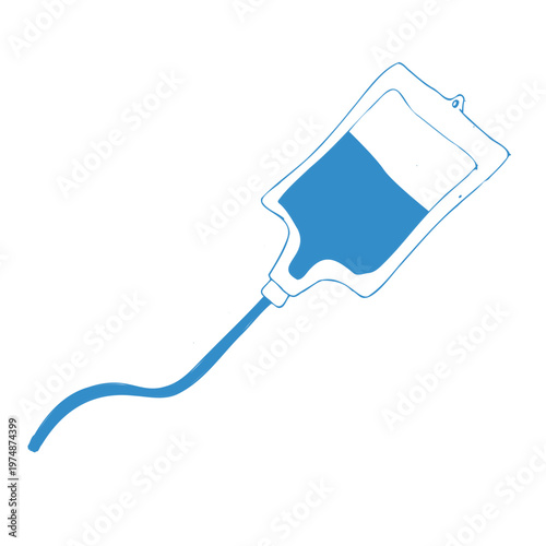 Medical transfusion, donation pack, IV drip vector doodle illustration. Plasma, blood transfusion. Intravenous injection, liquid drugs, chemotherapy outline hand drawn vector icon in blue color.