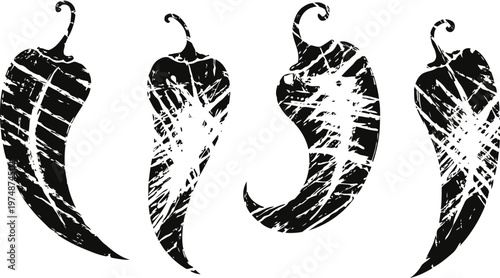 Four grungy chili pepper silhouettes with wrinkled texture and curved stems isolated on white background
