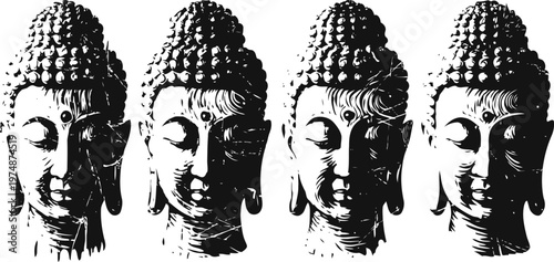 Four identical buddha head sculptures in grayscale with serene expressions and textured hair