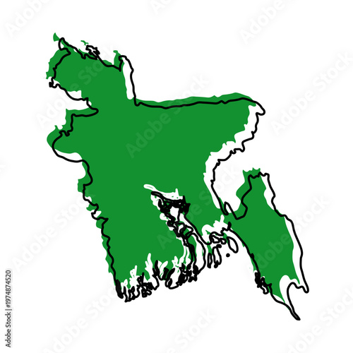 Bangladesh map from black contour curves lines with a green shifted silhouette on white background