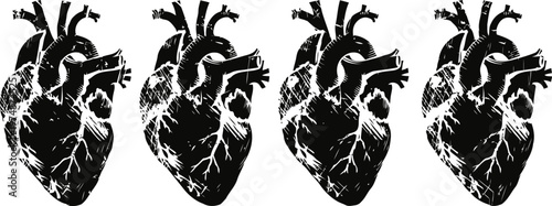 four black anatomical hearts with veins and arteries illustration isolated on white background