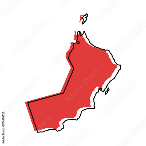 Oman map from black contour curves lines with a red shifted silhouette on white background