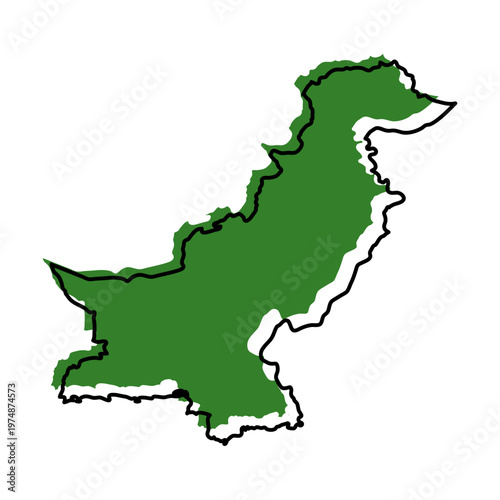 Pakistan map from black contour curves lines with a green shifted silhouette on white background