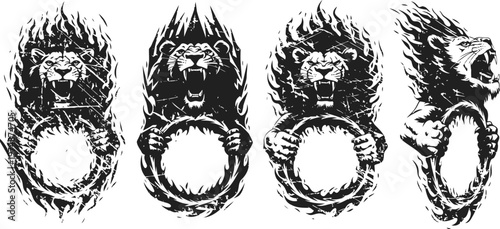Roaring lion heads with flaming manes holding circular frames, fierce wild animal tattoo designs