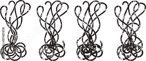 abstract black ink calligraphy designs with intricate swirls and loops in various symmetrical shapes