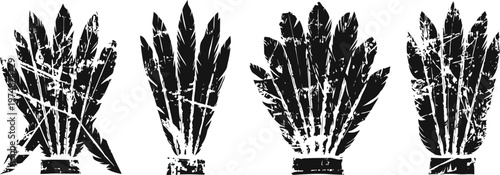 Four black and white feather quiver silhouettes with arrows, tribal design elements, isolated on white